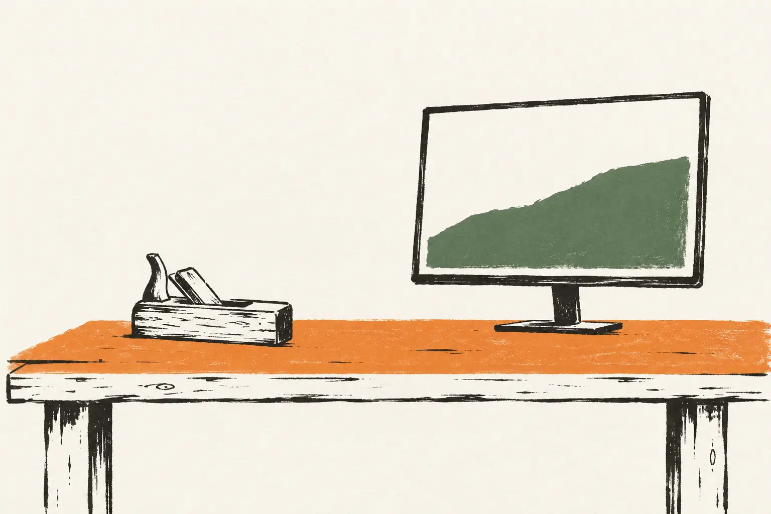 Inkttekening in twee kleuren: een houten schaaf staat naast een scherm met één groen vlak op een oranje werkbank.