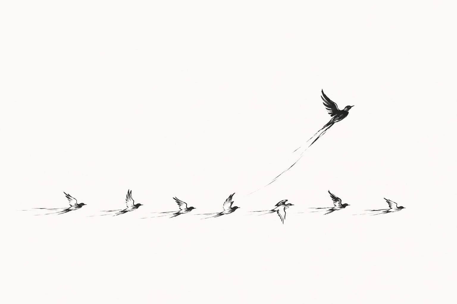 Inkttekening van een rij vogels in vlucht die allemaal dezelfde kant op gaan, met één vogel die zich losmaakt en de eigen richting in vliegt