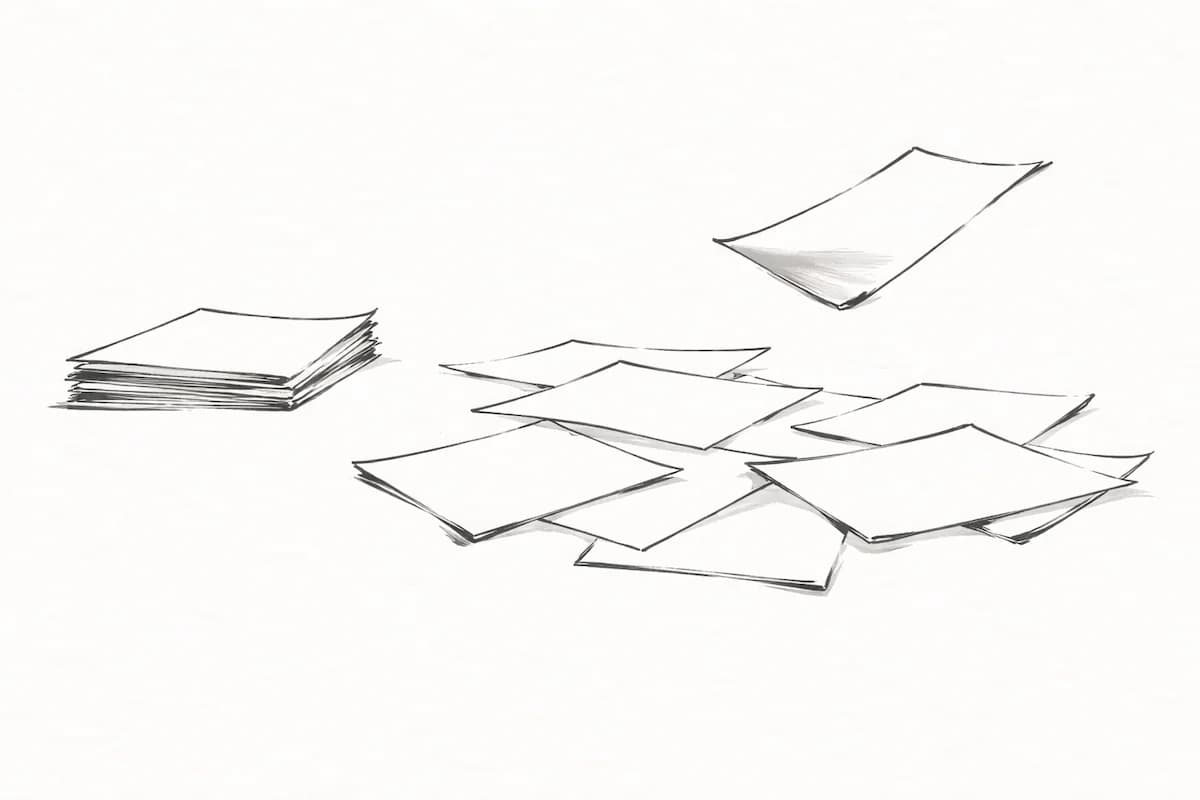 Inkttekening van stapels papier en een archiefdoos