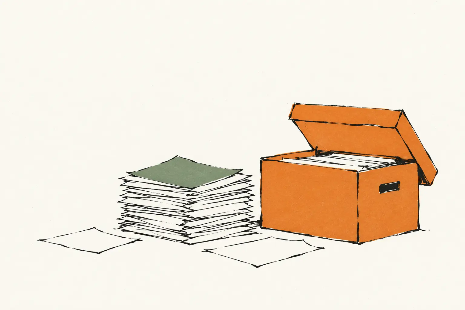 Inkttekening in twee kleuren: een stapel losse papieren met een groen vel ligt naast een open oranje archiefdoos.