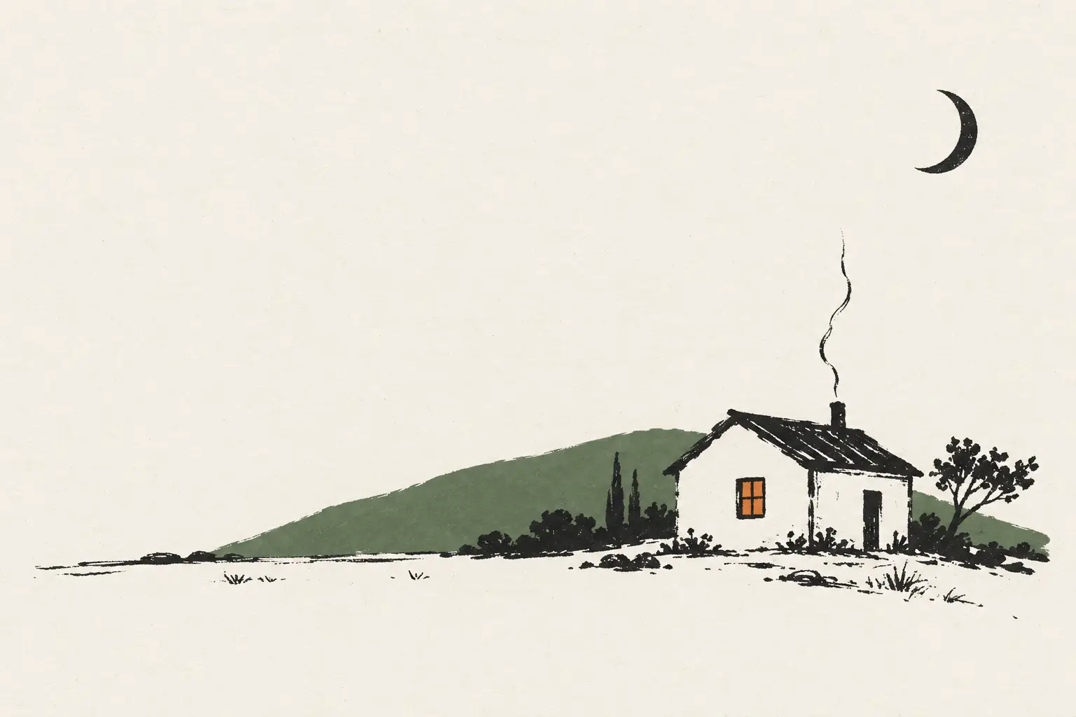Inkttekening in twee kleuren: een klein huis onder een maansikkel, met een oranje verlicht raam en een groene heuvel erachter.