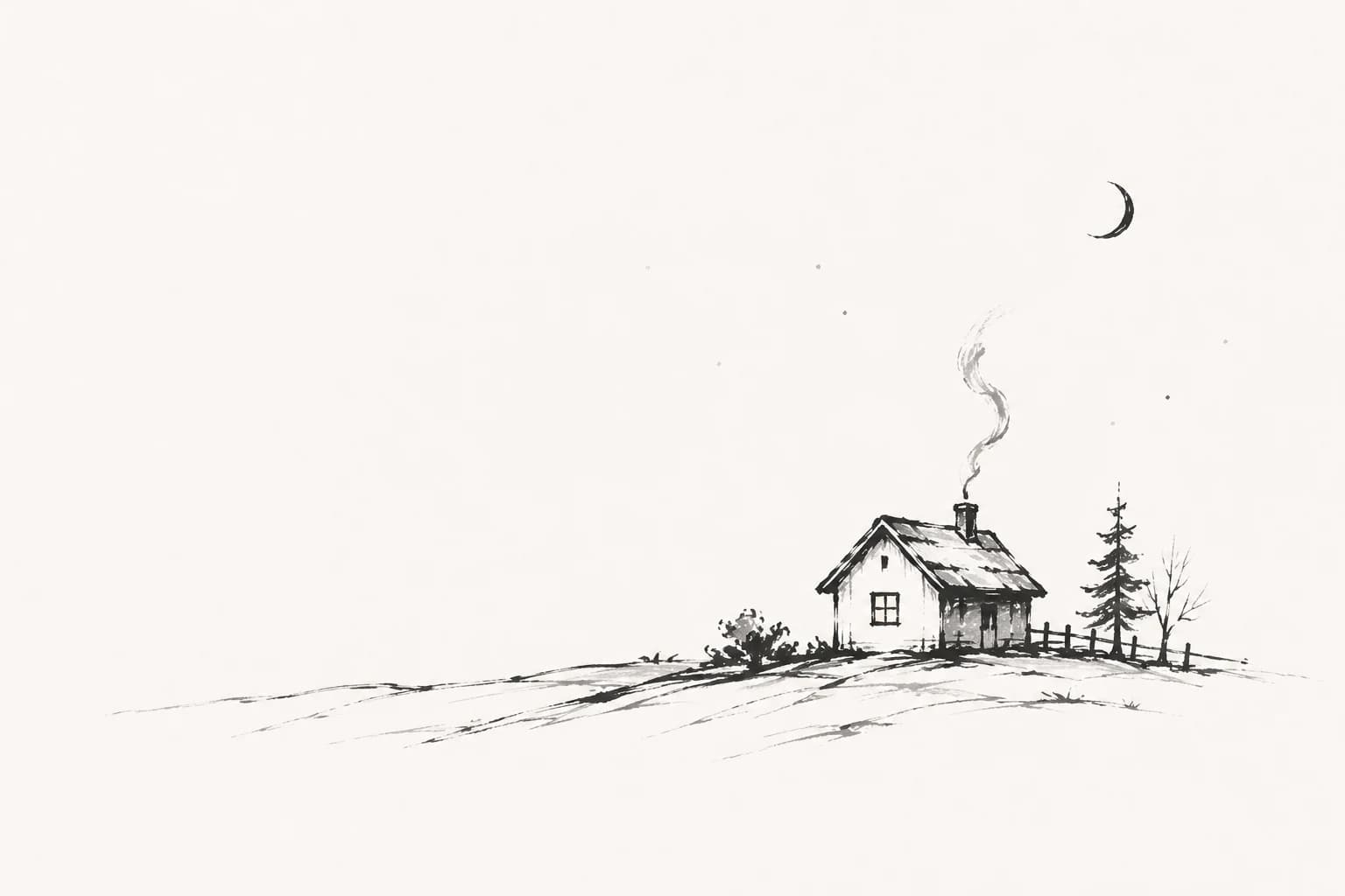 Inkttekening van een klein huis 's nachts onder een maansikkel, donker en stil op een dunne sliert rook uit de schoorsteen na