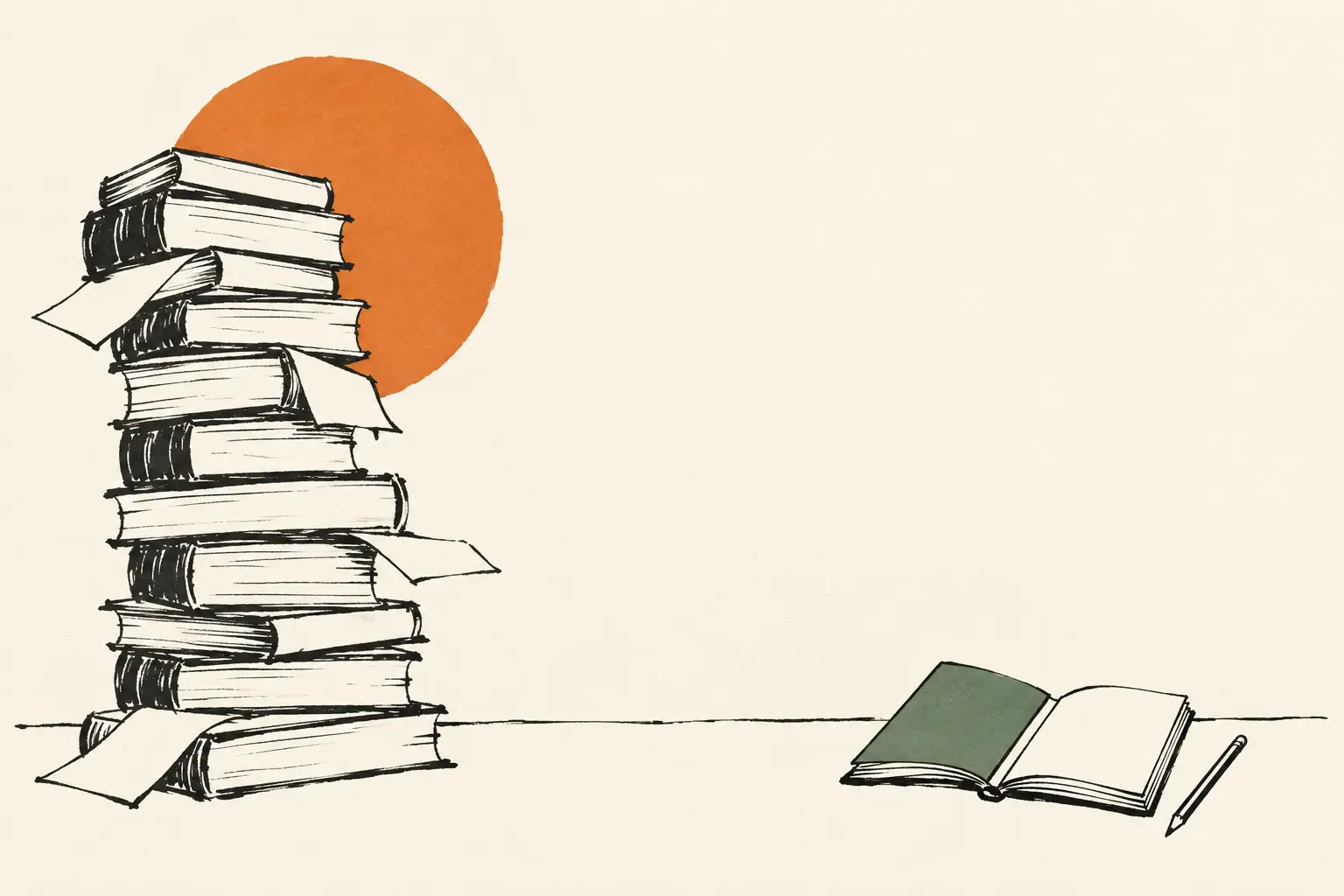 Inkttekening in twee kleuren: een hoge, scheef hellende stapel boeken met losse vellen, een oranje zon half erachter, en rechts in de leegte één opengeslagen notitieboekje met een groene kaft en een potlood ernaast