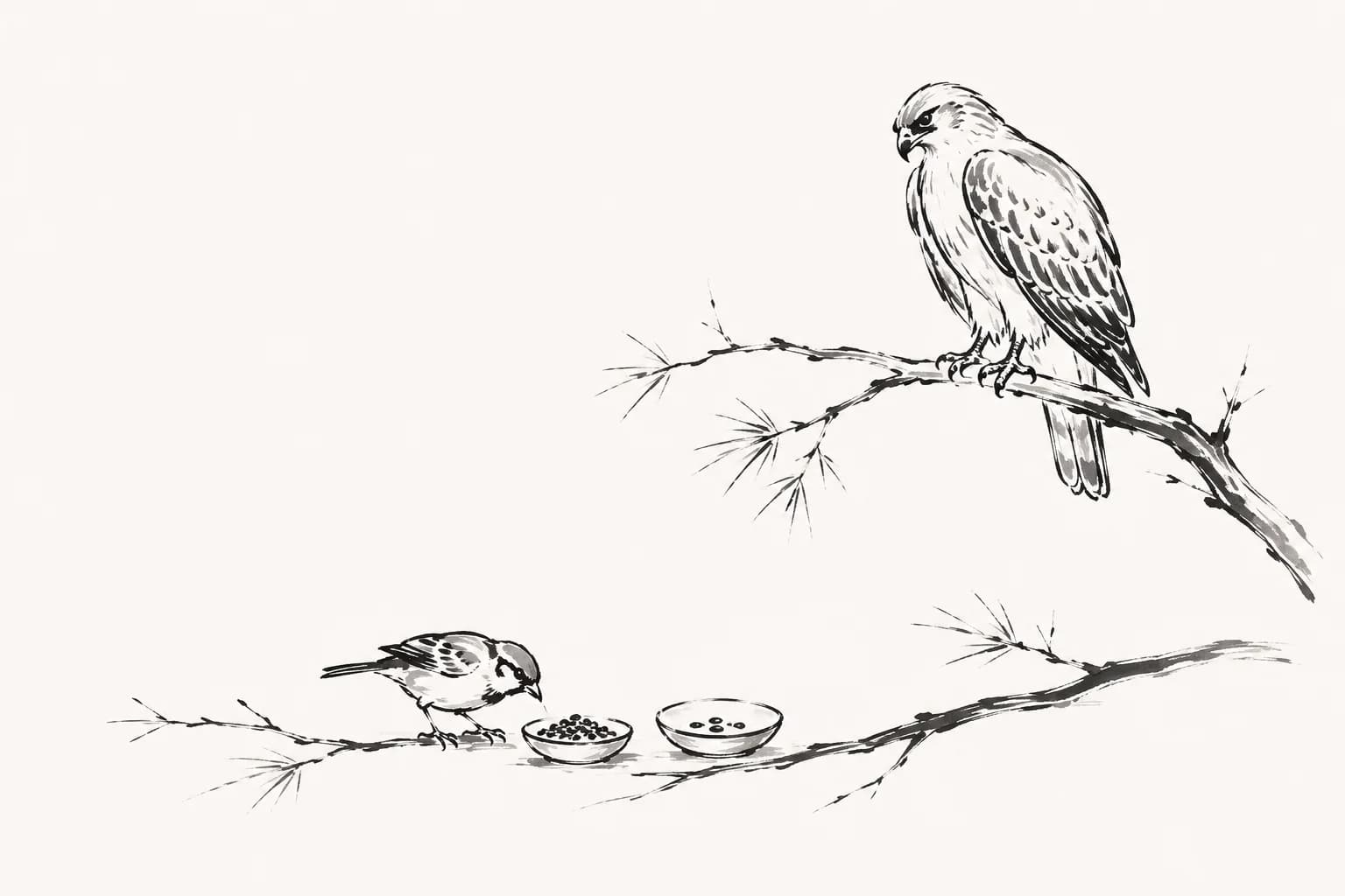 Inkttekening van een kleine mus die zaadjes sorteert in twee schaaltjes op een lage tak, terwijl een roofvogel rustig toekijkt vanaf een hogere tak