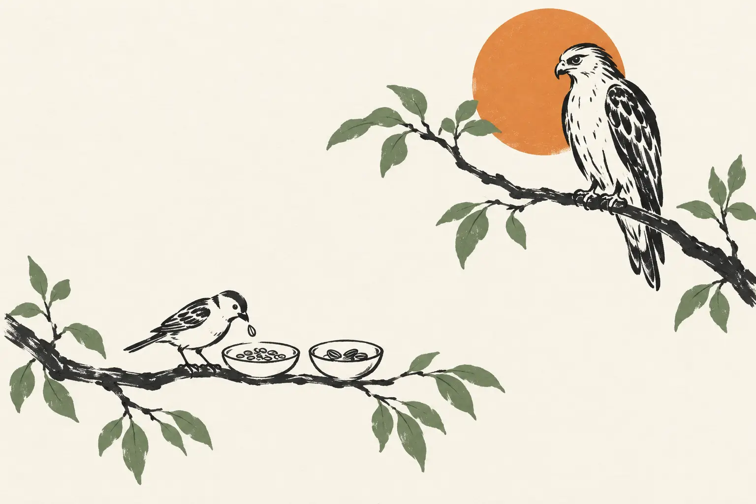 Inkttekening in twee kleuren: een mus sorteert zaadjes in twee schaaltjes op een tak met groene bladeren terwijl een roofvogel voor een oranje zon toekijkt.
