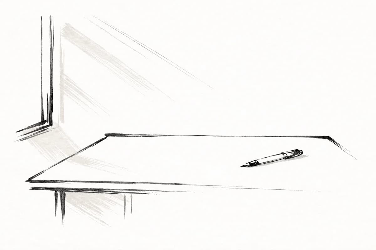 Inkttekening van een lege tafel met een opengeslagen notitieboek