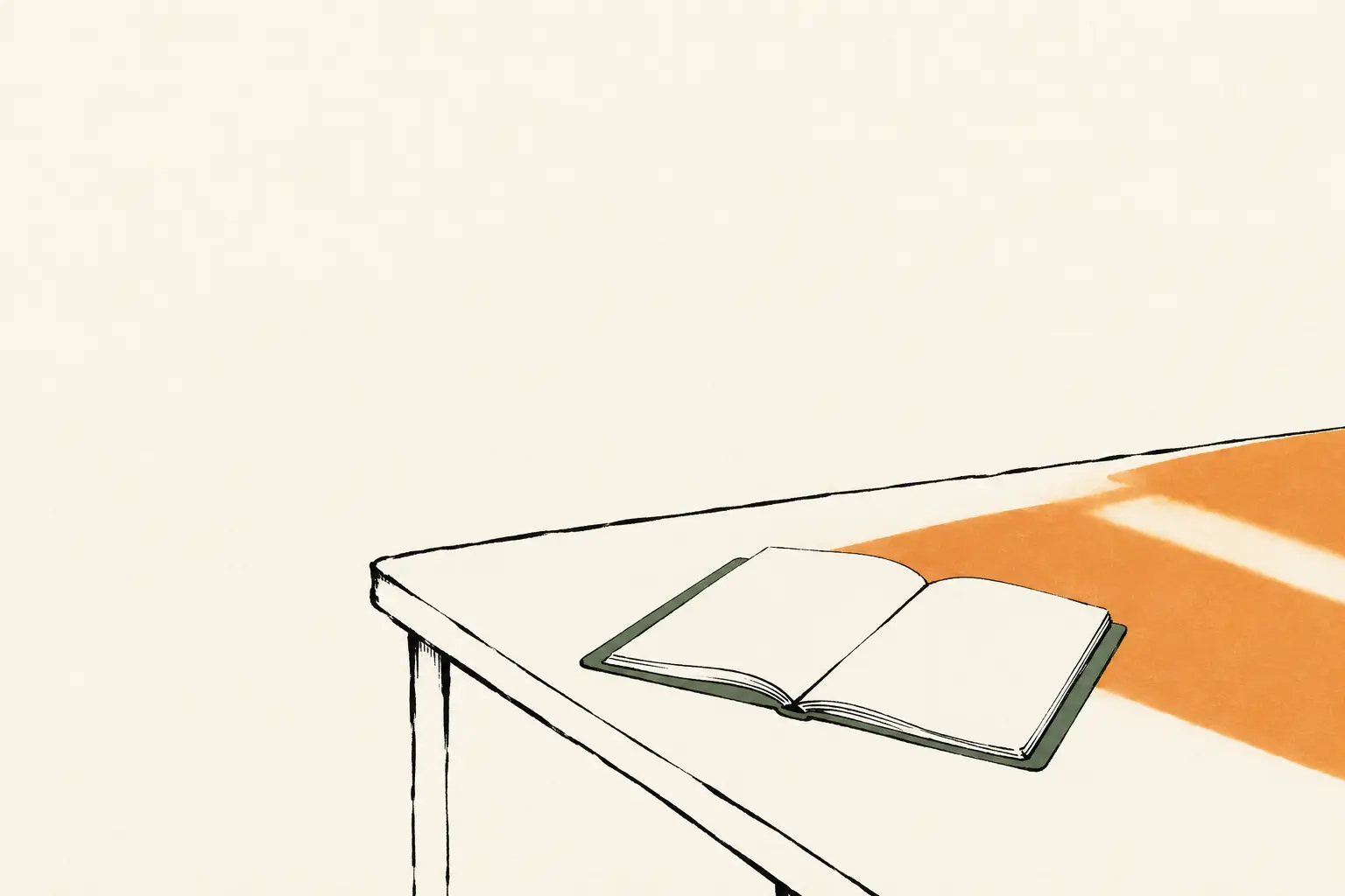 Inkttekening in twee kleuren: een leeg notitieboek met groene kaft ligt op een tafel waar een oranje vlak ochtendlicht op valt.