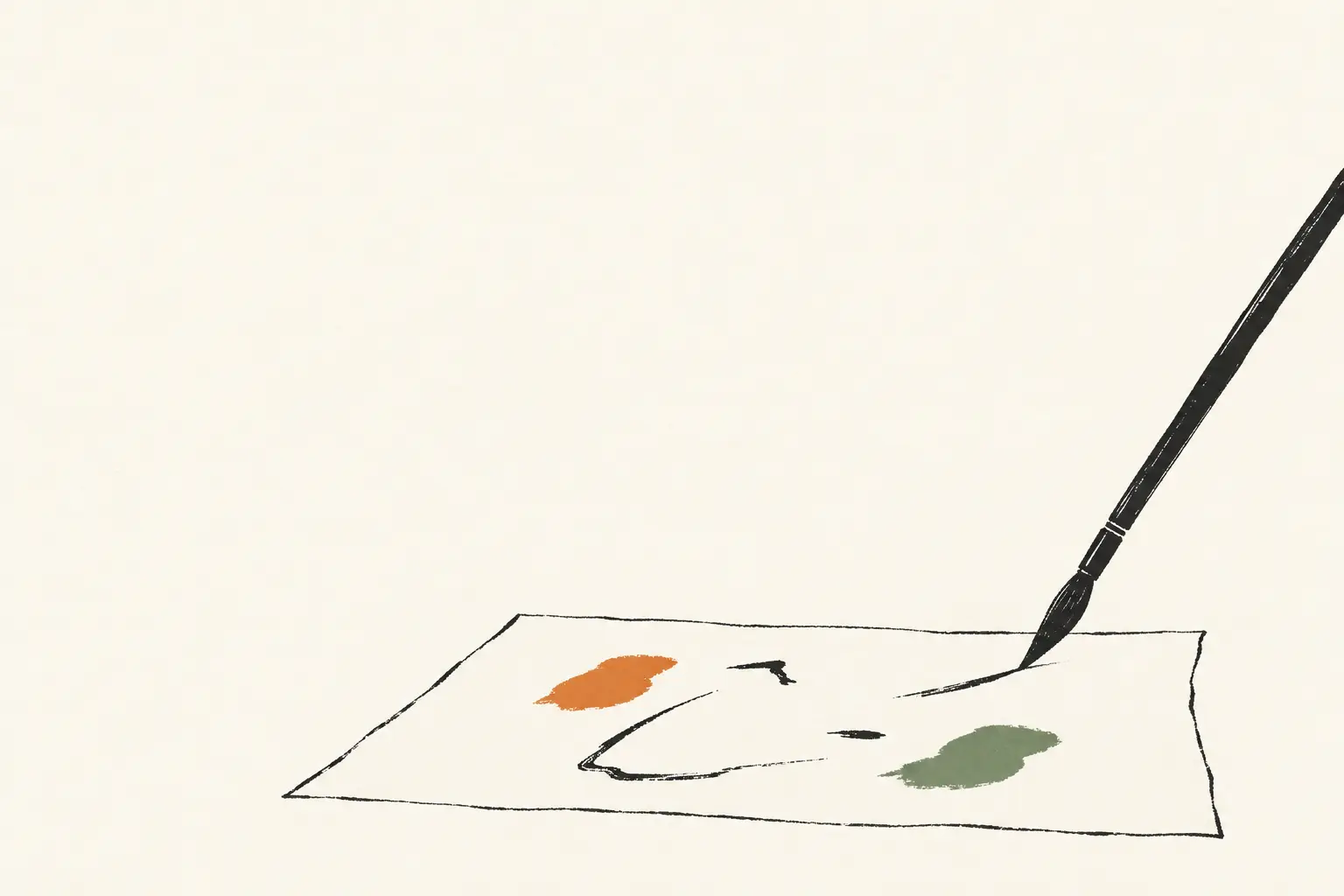 Inkttekening in twee kleuren: een zwart penseel raakt een vel papier met één oranje en één groen schetsvlak.