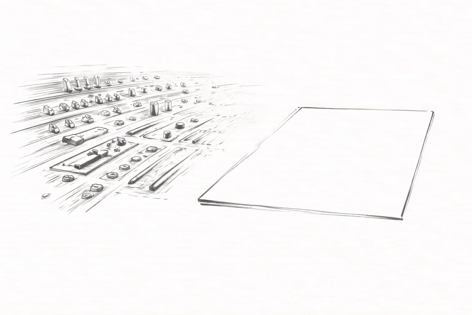 Inkttekening van een leeg dashboard met een gesloten laptop ernaast