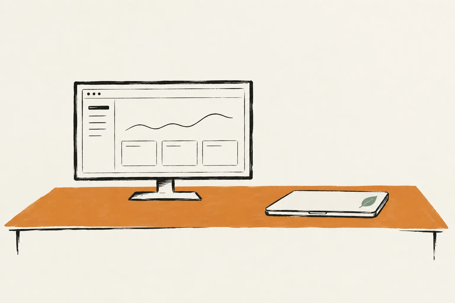 Inkttekening in twee kleuren: een scherm met een schematisch dashboard en een gesloten laptop met groen stickertje staan op een oranje tafelblad.