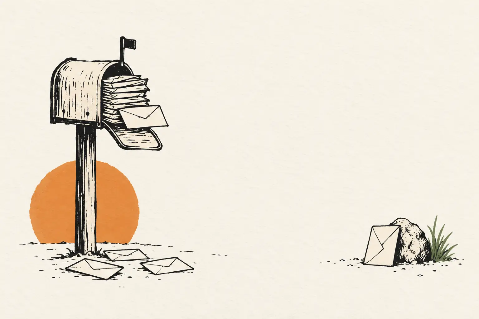 Inkttekening in twee kleuren: een volle brievenbus voor een oranje zon en rechts een losse envelop bij een steen en groen gras.