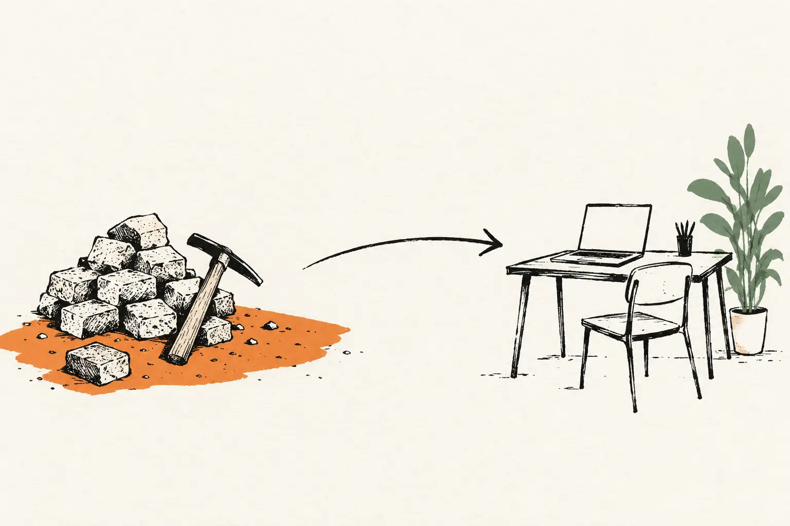 Inkttekening in twee kleuren: kasseien en een hamer op oranje grond wijzen naar een laptop op een bureau met een groene plant ernaast.